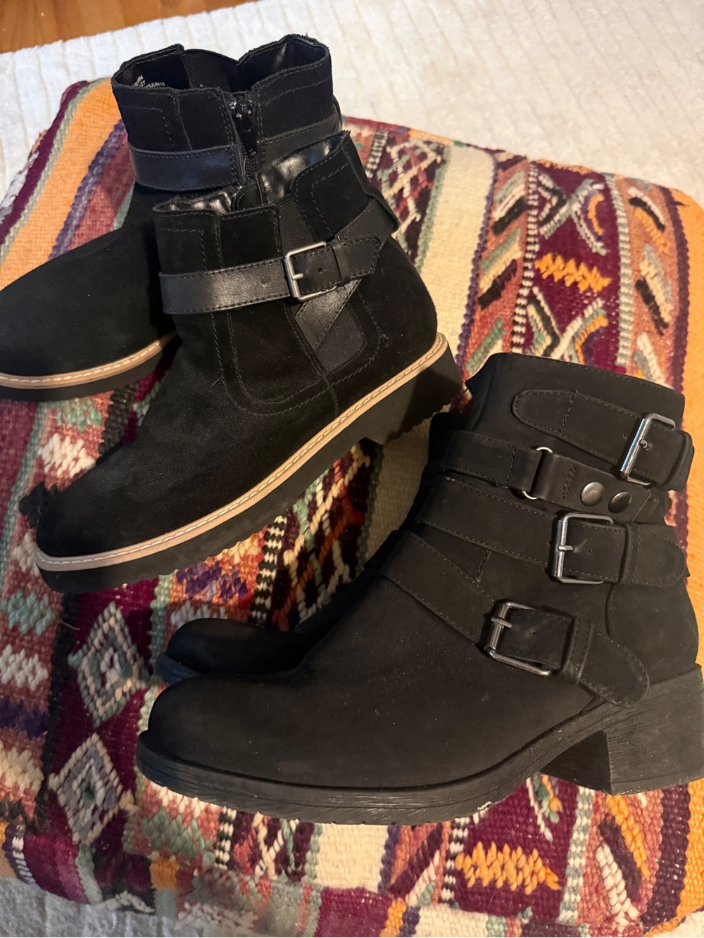 2 Pairs of Black Buckle Strap Ankle Boots - Women size 8 and 7.5